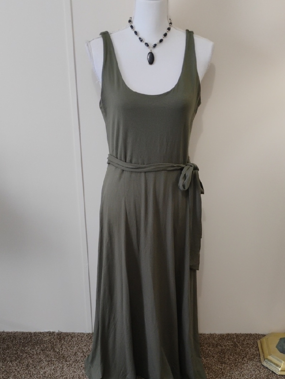 LOFT Olive Sleeveless Maxi Dress with Self Tie Belt